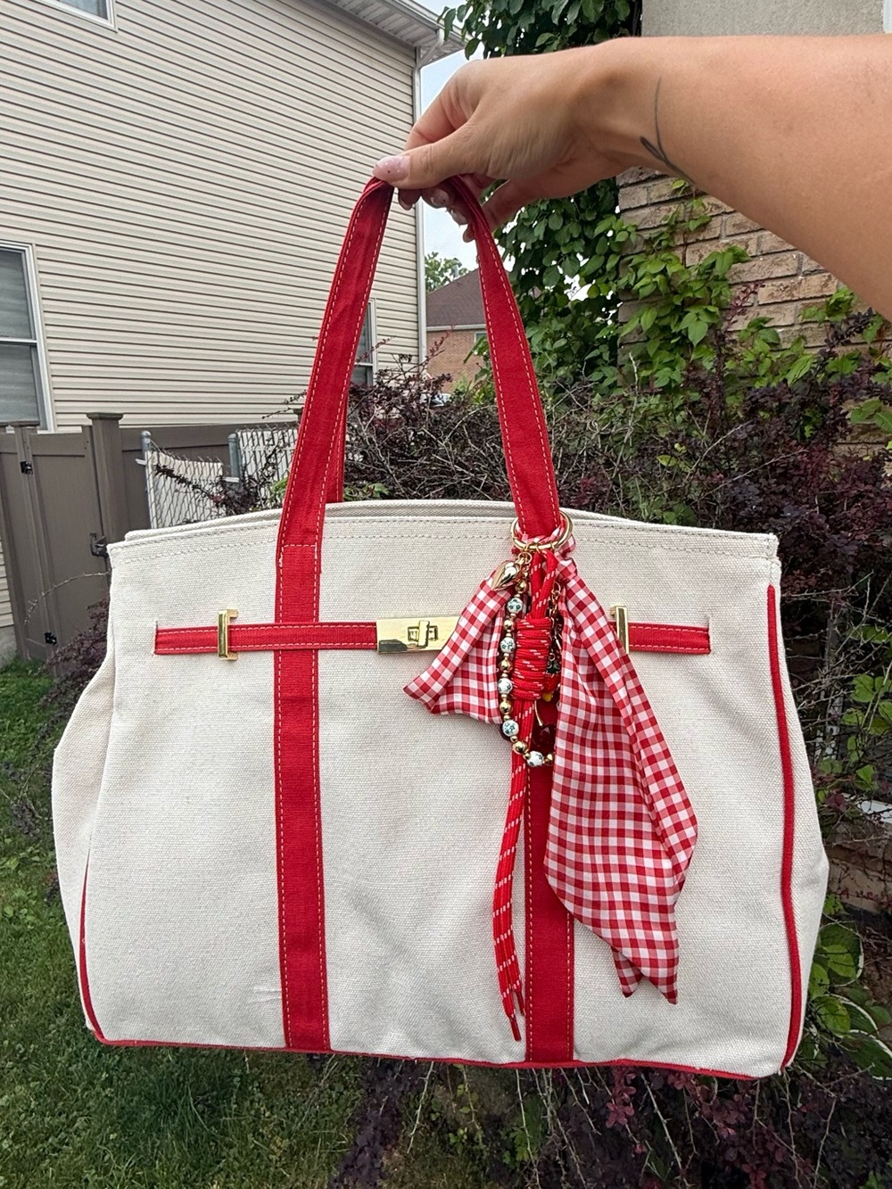 Viral Boatkin Canvas Tote Bag NWT Red Trim Coastal Granddaughter Large Tote